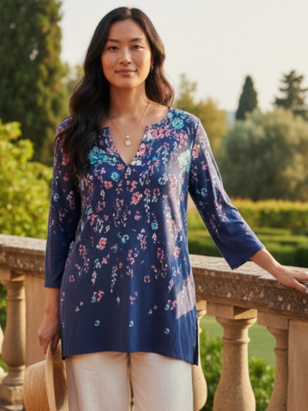 J Jill Wearever Collection Top Tunic Shirt Sz XL 14 16 Floral Blue Boho Romantic
